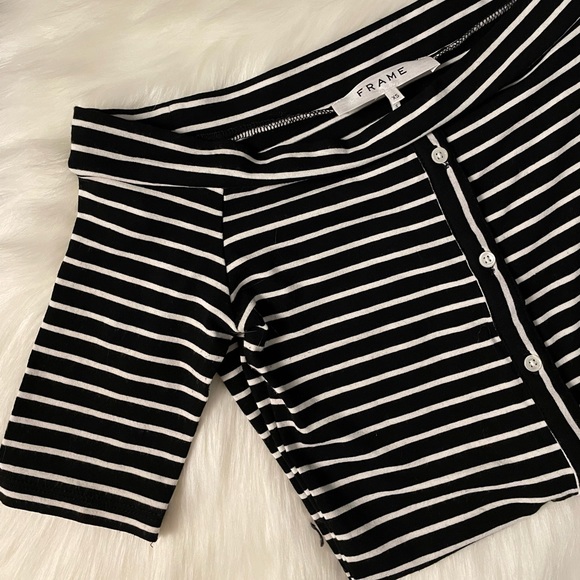 FRAME Off-the-Shoulder Button-Front Striped Tee - Picture 3 of 4